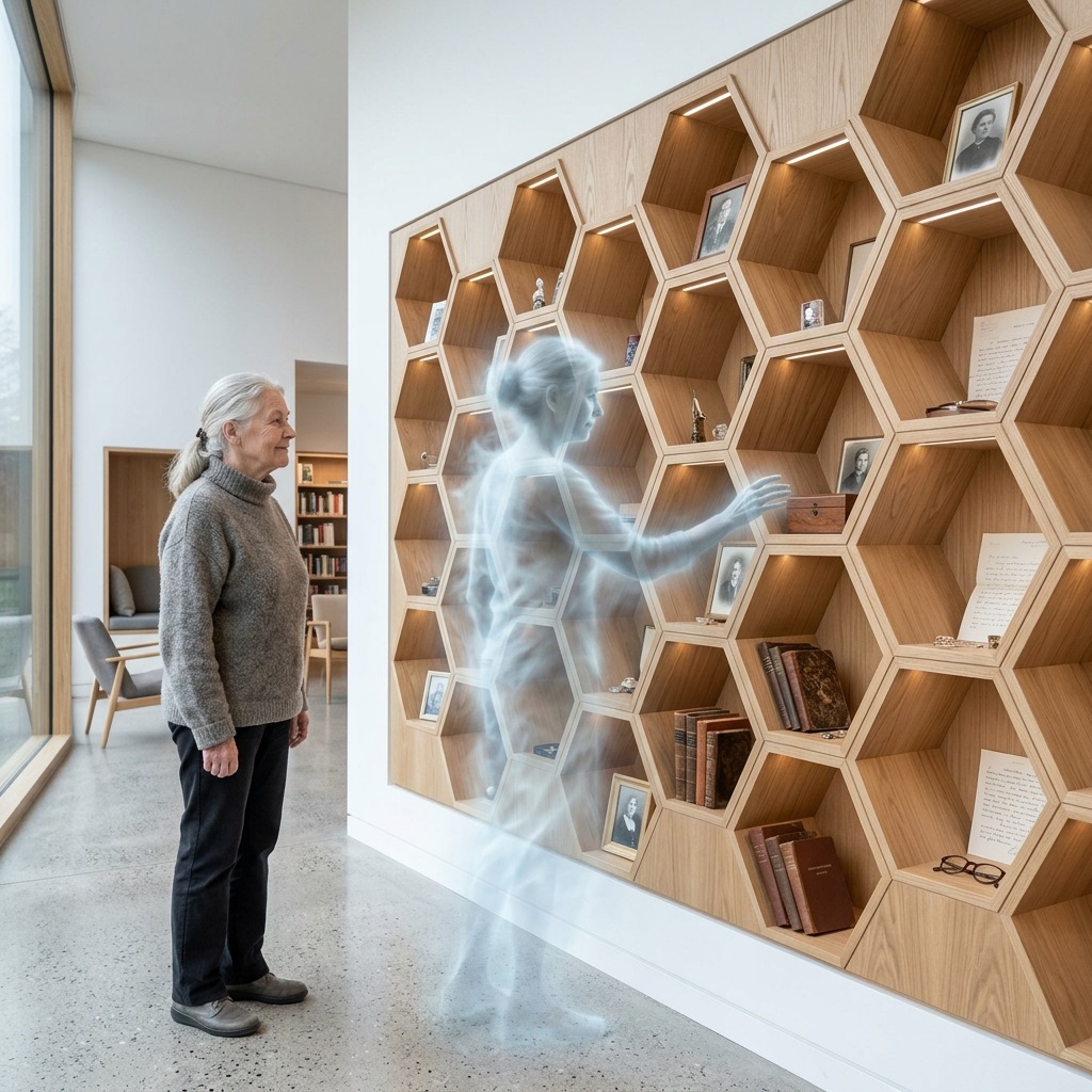 Mujer contemplando una presencia luminosa en nichos hexagonales de madera — memoria preservada